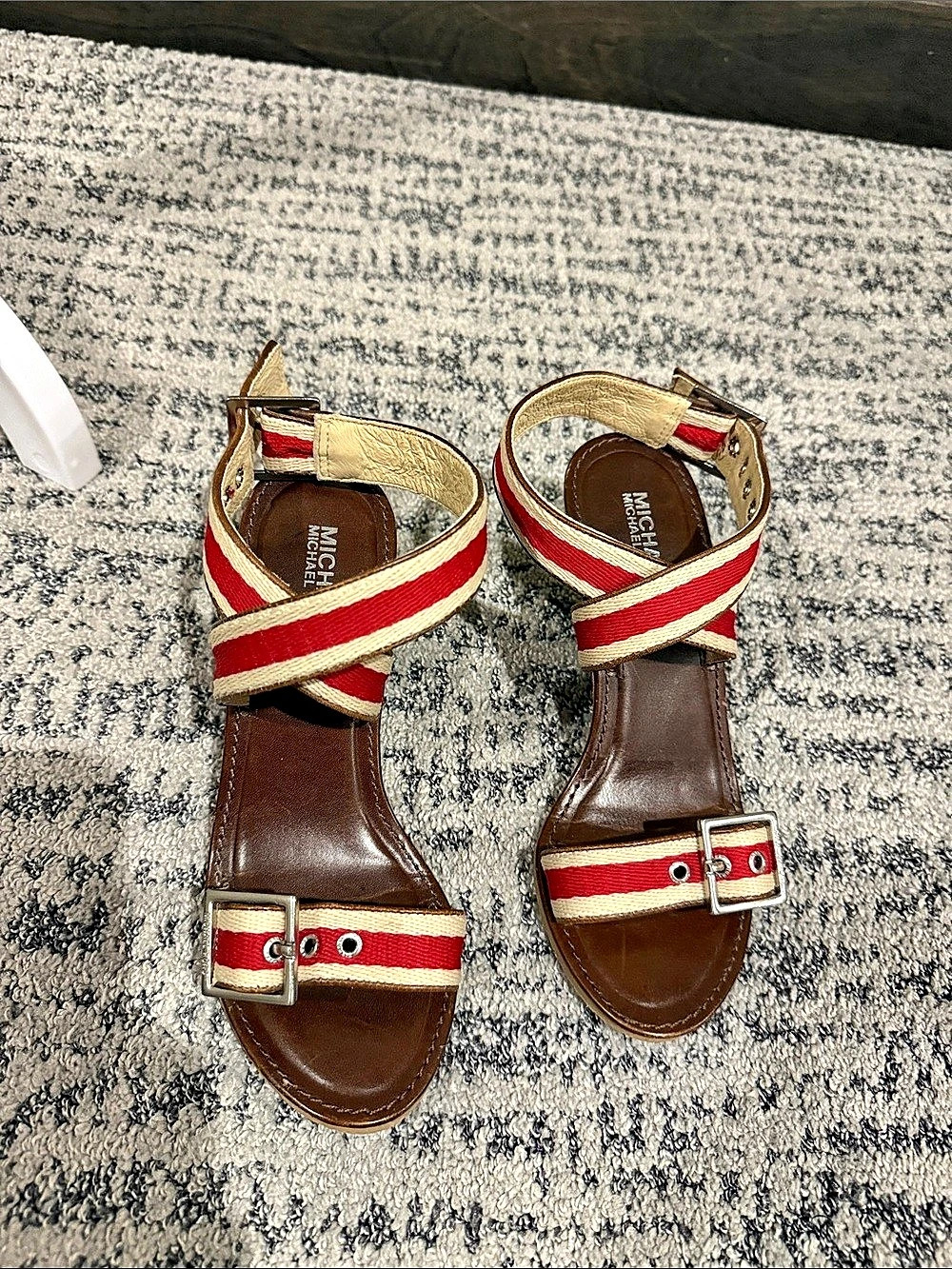 Michael Kors Striped Wedge Sandals in Red & Cream size 7